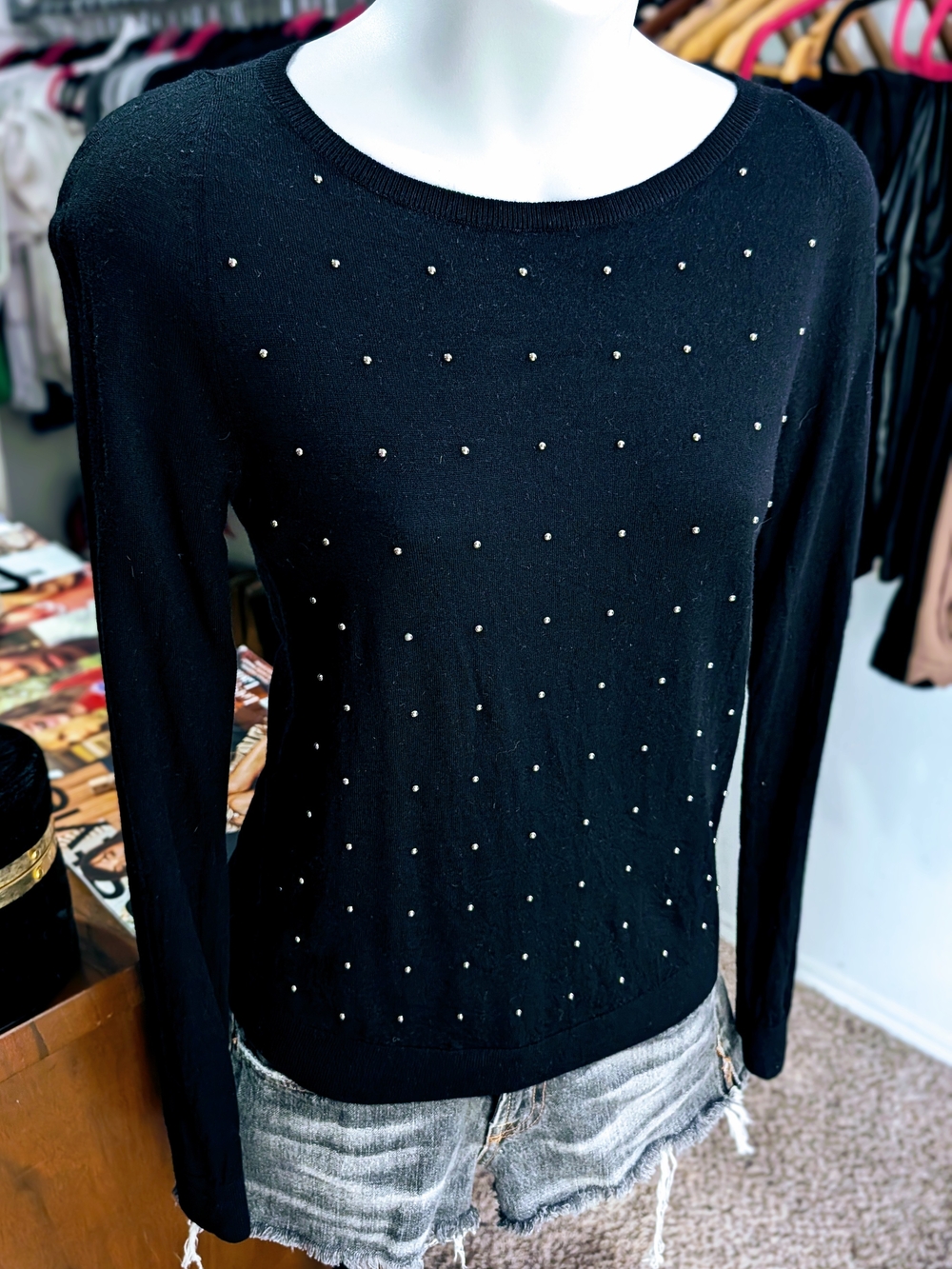 Black Studded Crewneck Sweater